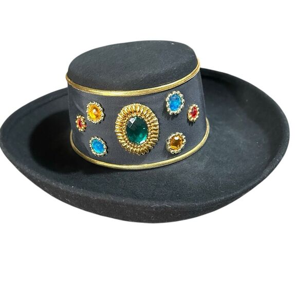 Vintage Sonni San Francisco Black Wool Felt Wide Brim Hat Jeweled Band SZ 7, S/M main image 5